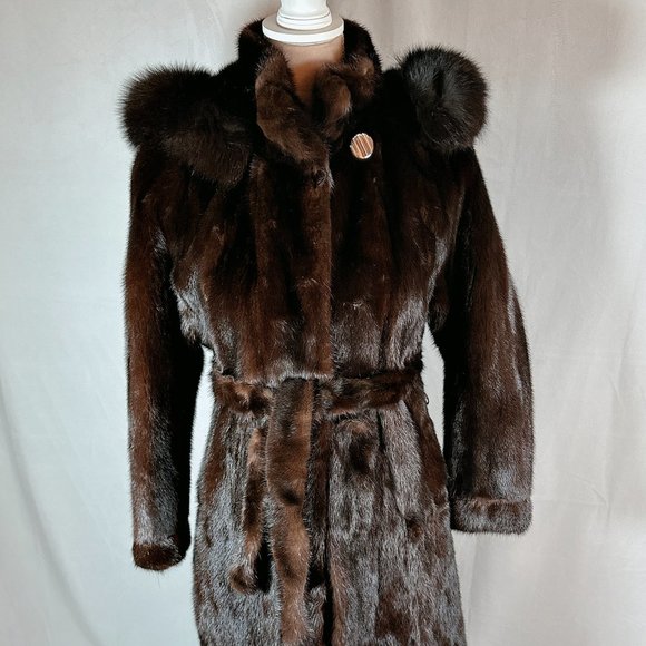 Mink Fur Mahogany Coat with Hood, Women's Full Length Coat - Picture 1 of 13